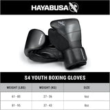 HAYABUSA S4 YOUTH BOXING GLOVES CHARCOAL SIZE CHART