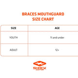 SHOCK DOCTOR BRACES STRAPLESS MOUTHGUARD TRANS BLACK/WHITE FANG ADULT SIZE CHART