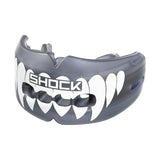 SHOCK DOCTOR DOUBLE BRACES STRAPLESS MOUTHGUARD TRANS BLACK/WHITE FANG FRONT SIDE