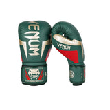 VENUM ELITE BOXING GLOVES GREEN GOLD RED LEFT SIDE