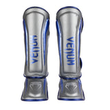 VENUM ELITE STANDUP SHINGUARDS GREY METALLIC BLUE SILVER FRONT SIDE