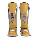VENUM ELITE STANDUP SHINGUARDS MUSTARD CREAM METALLIC BLUE FRONT SIDE