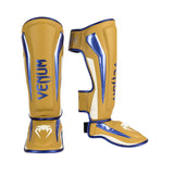 VENUM ELITE STANDUP SHINGUARDS MUSTARD CREAM METALLIC BLUE LEFT SIDE