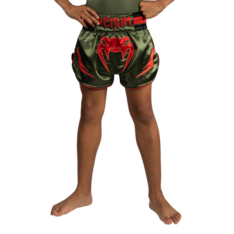 VENUM INFERNO KIDS MUAY THAI SHORTS ARMY GREEN/ORANGE