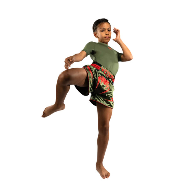VENUM INFERNO KIDS MUAY THAI SHORTS ARMY GREEN/ORANGE