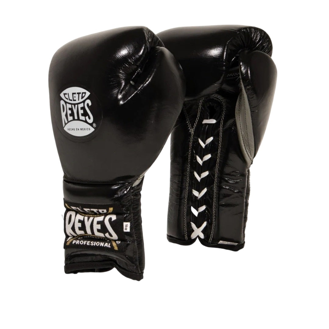 CLETO REYES PROFESSIONAL BOXING GLOVES WITH LACES BLACK/SILVER FRONT SIDE