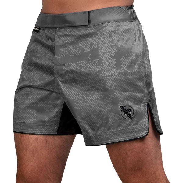 HAYABUSA HEX MID-THIGH MMA SHORTS GREY FRONT SIDE