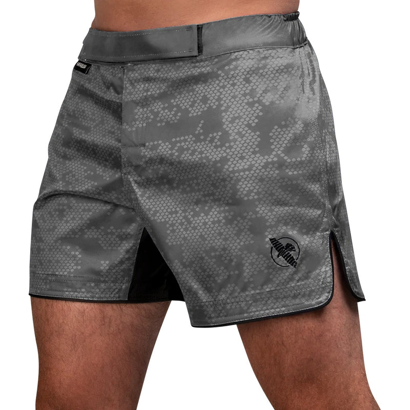 HAYABUSA HEX MID-THIGH MMA SHORTS GREY FRONT SIDE