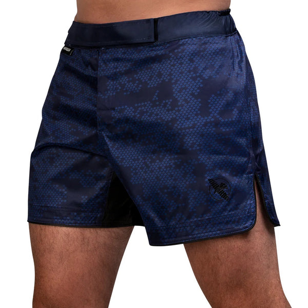 HAYABUSA HEX MID-THIGH MMA SHORTS NAVY FRONT SIDE