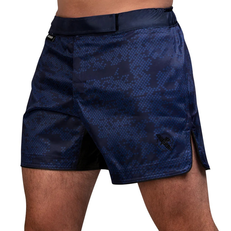 HAYABUSA HEX MID-THIGH MMA SHORTS NAVY FRONT SIDE