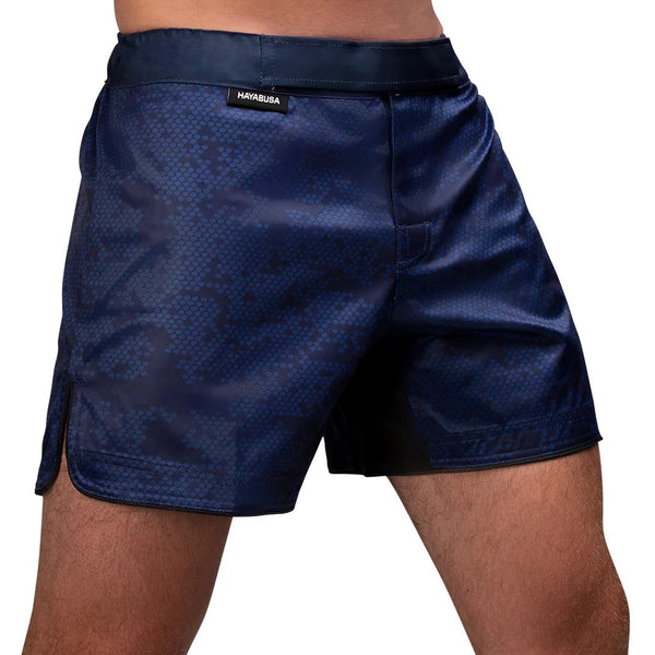 HAYABUSA HEX MID-THIGH MMA SHORTS NAVY RIGHT SIDE