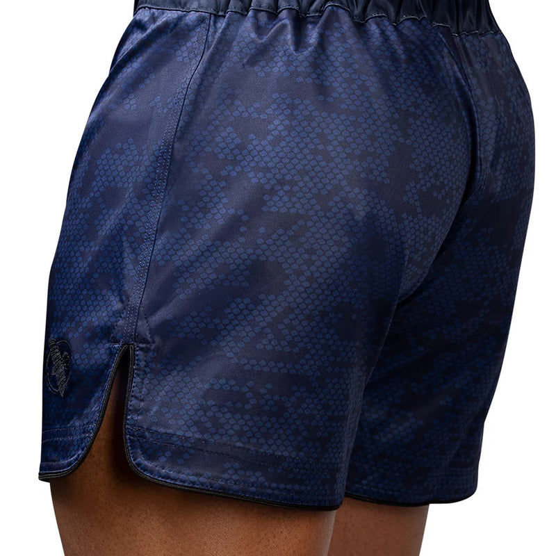 HAYABUSA HEX MID-THIGH MMA SHORTS NAVY LEFT SIDE