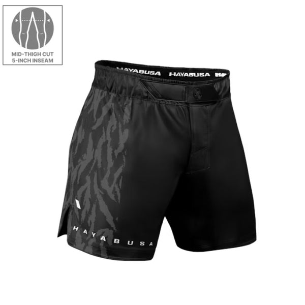 HAYABUSA MENS APEX MID-THIGH FIGHT SHORTS BLACK FRONT SIDE