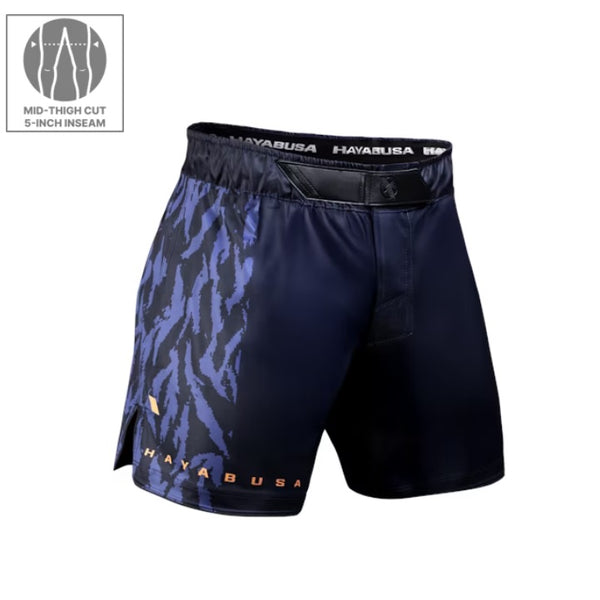 HAYABUSA MENS APEX MID-THIGH FIGHT SHORTS NAVY/ORANGE FRONT SIDE
