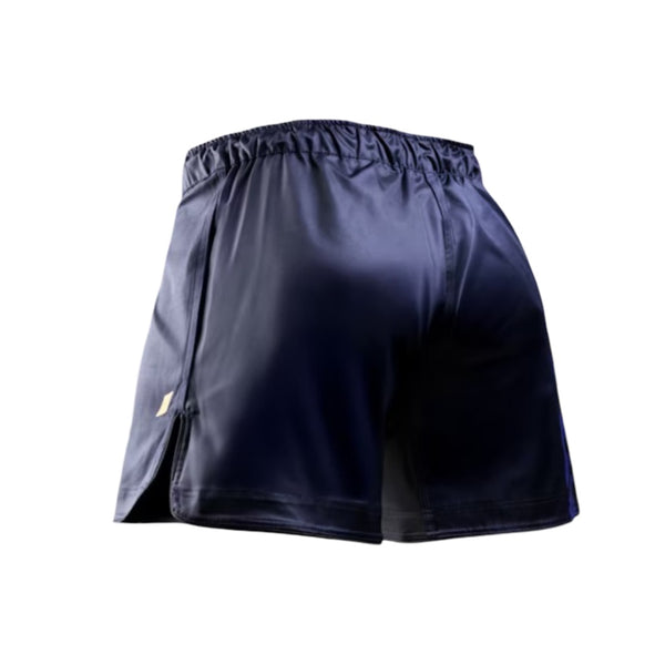 HAYABUSA MENS APEX MID-THIGH FIGHT SHORTS NAVY/ORANGE BACK SIDE
