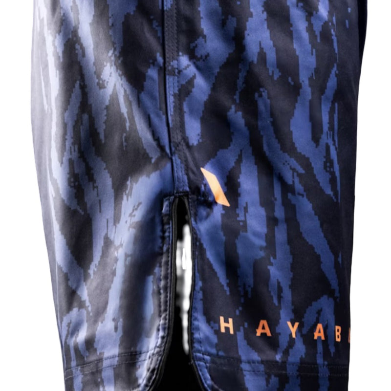 HAYABUSA MENS APEX MID-THIGH FIGHT SHORTS NAVY/ORANGE LEFT SIDE