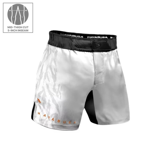 HAYABUSA MENS APEX MID-THIGH FIGHT SHORTS WHITE/CORAL FRONT SIDE