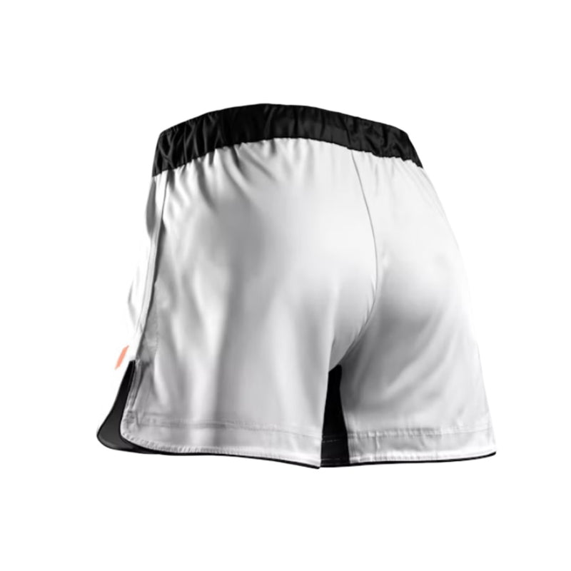 HAYABUSA MENS APEX MID-THIGH FIGHT SHORTS WHITE/CORAL BACK SIDE