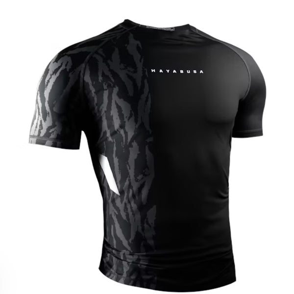 HAYABUSA MENS APEX SHORT SLEEVE RASHGUARD BLACK FRONT SIDE