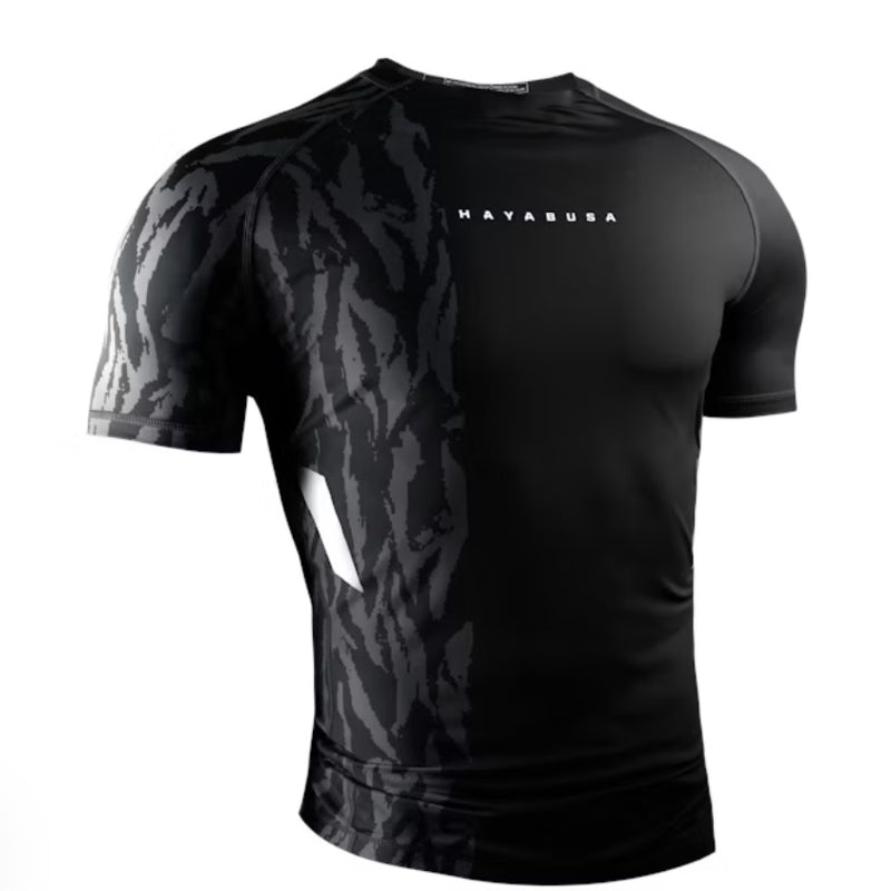 HAYABUSA MENS APEX SHORT SLEEVE RASHGUARD BLACK FRONT SIDE