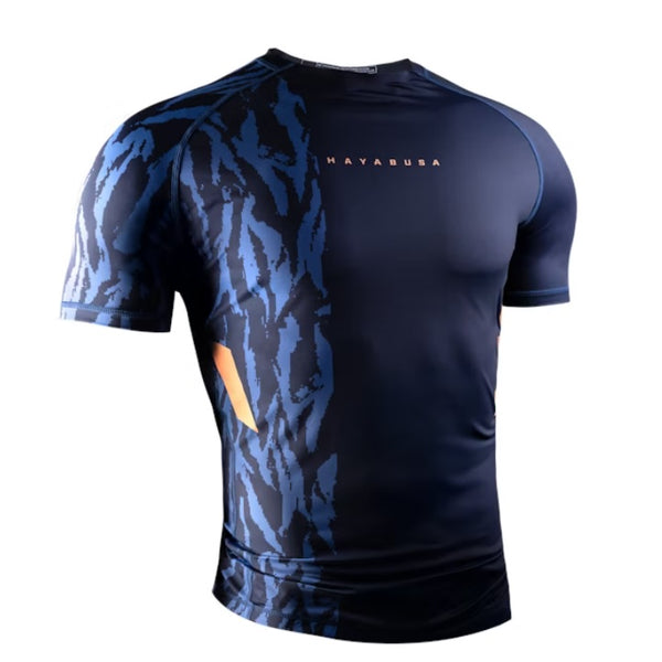 HAYABUSA MENS APEX SHORT SLEEVE RASHGUARD NAVY/ORANGE FRONT SIDE