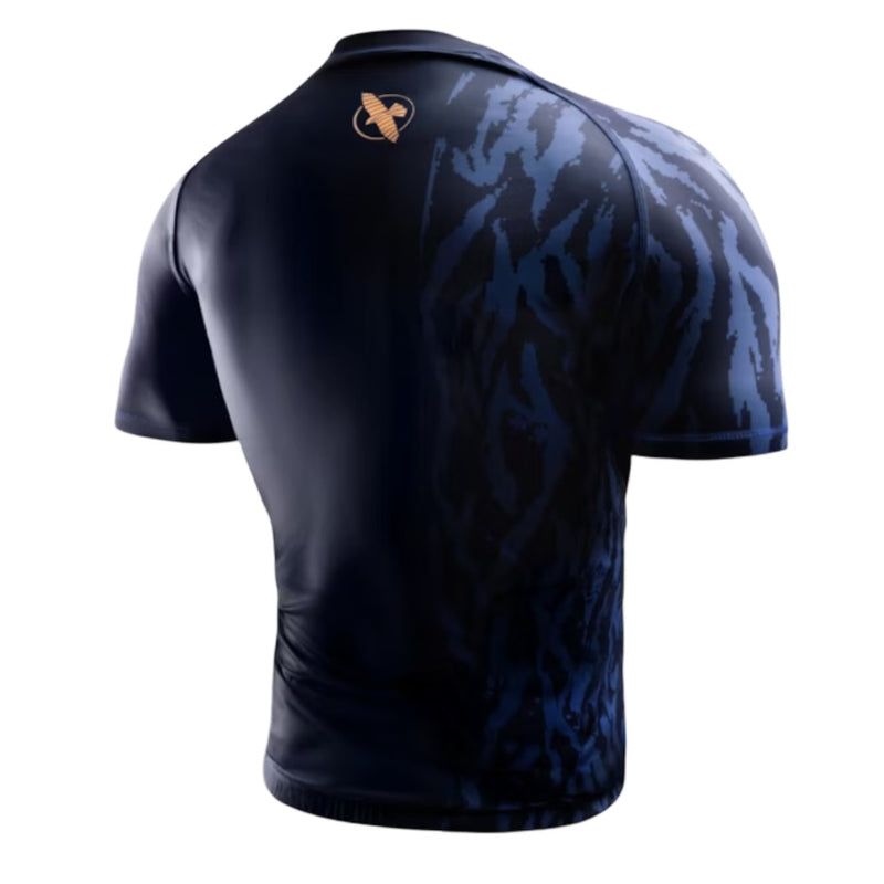 HAYABUSA MENS APEX SHORT SLEEVE RASHGUARD NAVY/ORANGE BACK SIDE