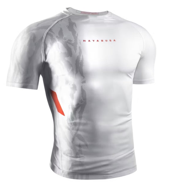 HAYABUSA MENS APEX SHORT SLEEVE RASHGUARD WHITE/CORAL FRONT SIDE