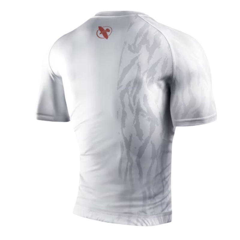 HAYABUSA MENS APEX SHORT SLEEVE RASHGUARD WHITE/CORAL BACK SIDE