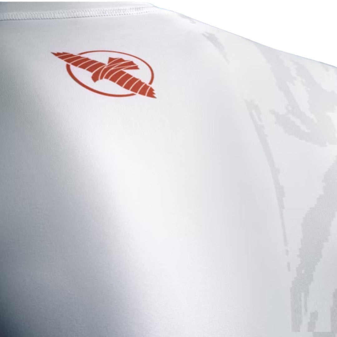 HAYABUSA MENS APEX SHORT SLEEVE RASHGUARD WHITE/CORAL RIGHT SIDE