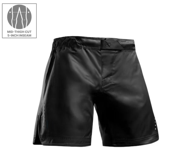 HAYABUSA MENS CORE MID-THIGH FIGHT SHORTS BLACK FRONT SIDE
