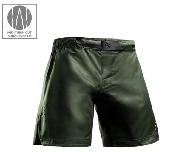 HAYABUSA MENS CORE MID-THIGH FIGHT SHORTS GREEN FRONT SIDE