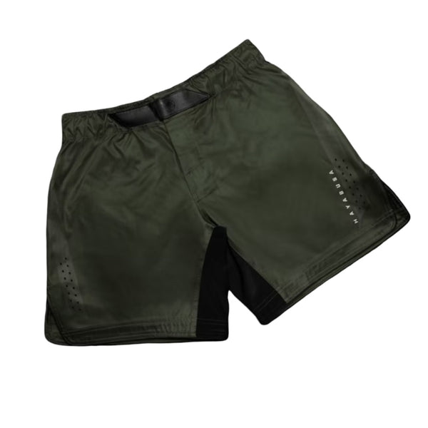 HAYABUSA MENS CORE MID-THIGH FIGHT SHORTS GREEN RIGHT SIDE