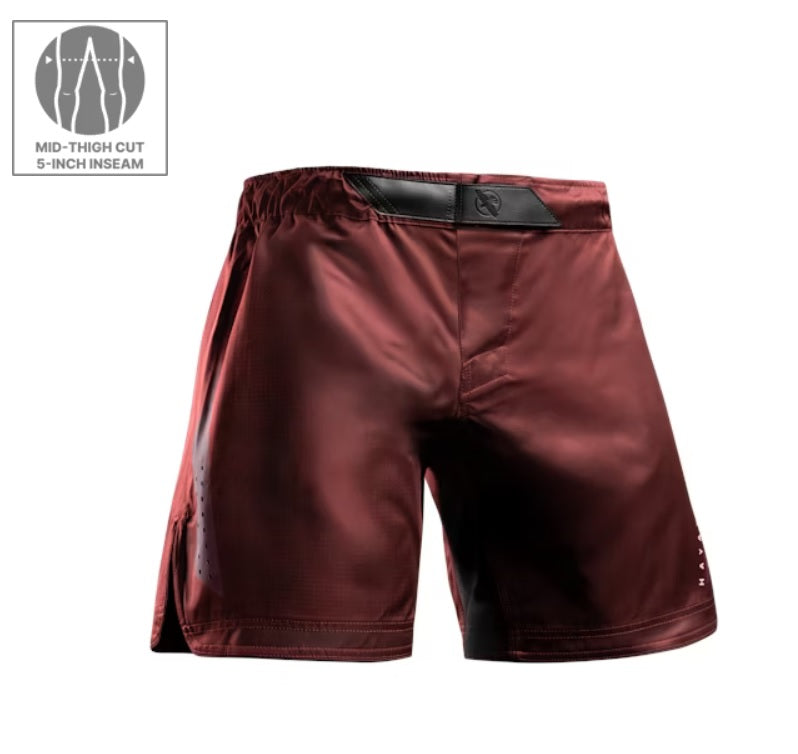 HAYABUSA MENS CORE MID-THIGH FIGHT SHORTS RED FRONT SIDE