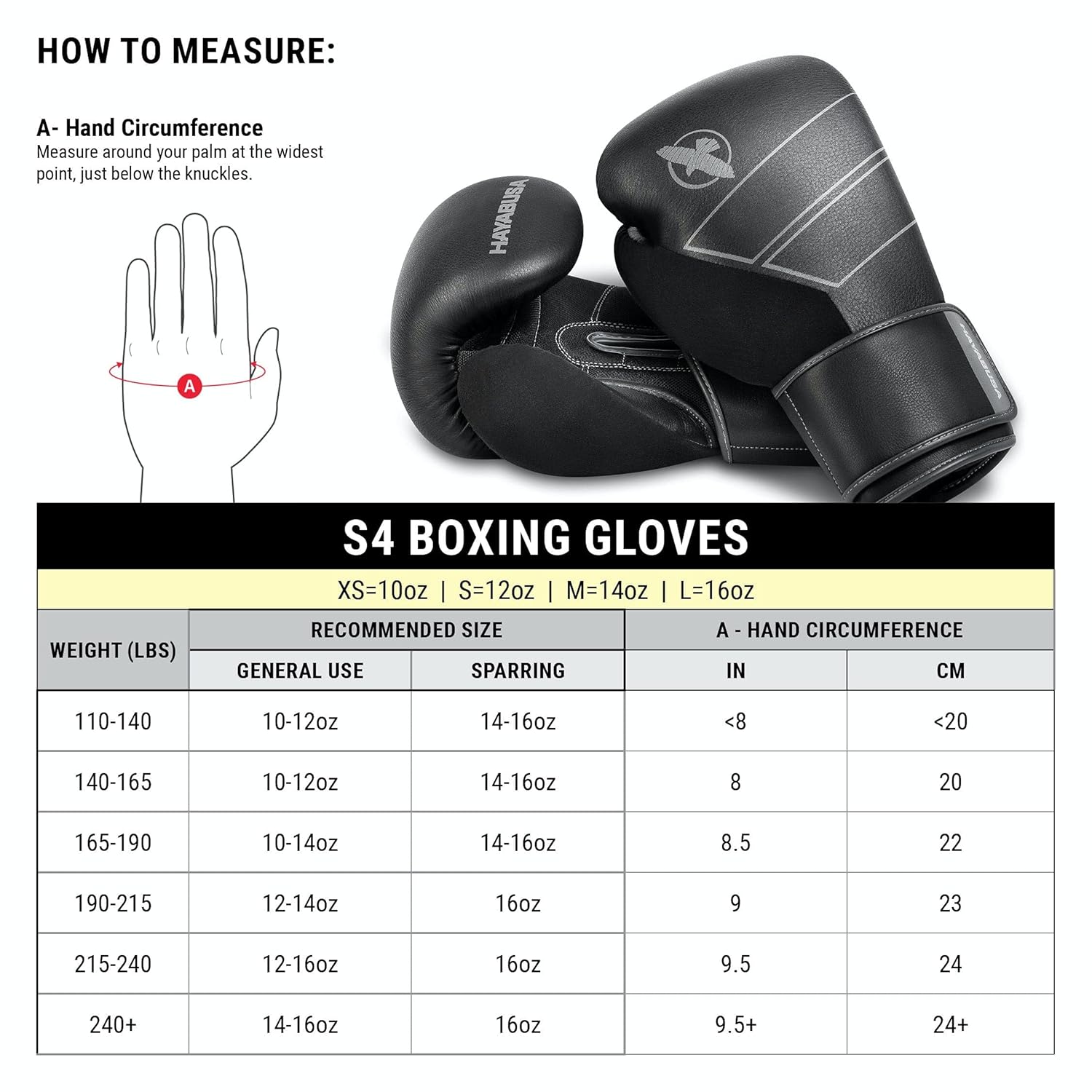 HAYABUSA S4 LEATHER BOXING GLOVES BLACK SIZE CHART