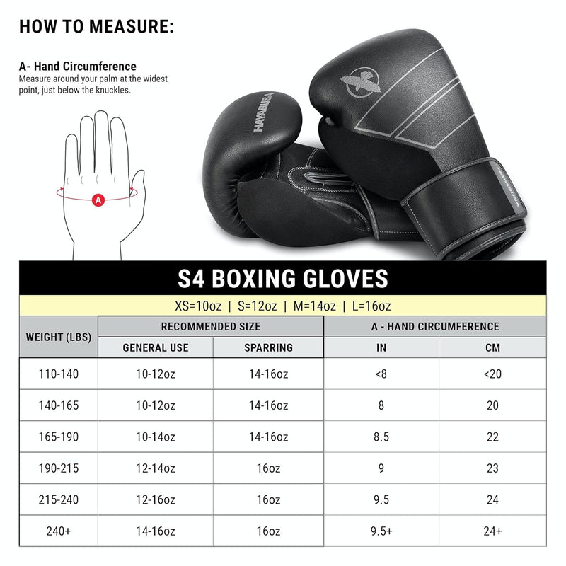 HAYABUSA S4 LEATHER BOXING GLOVES BLACK SIZE CHART