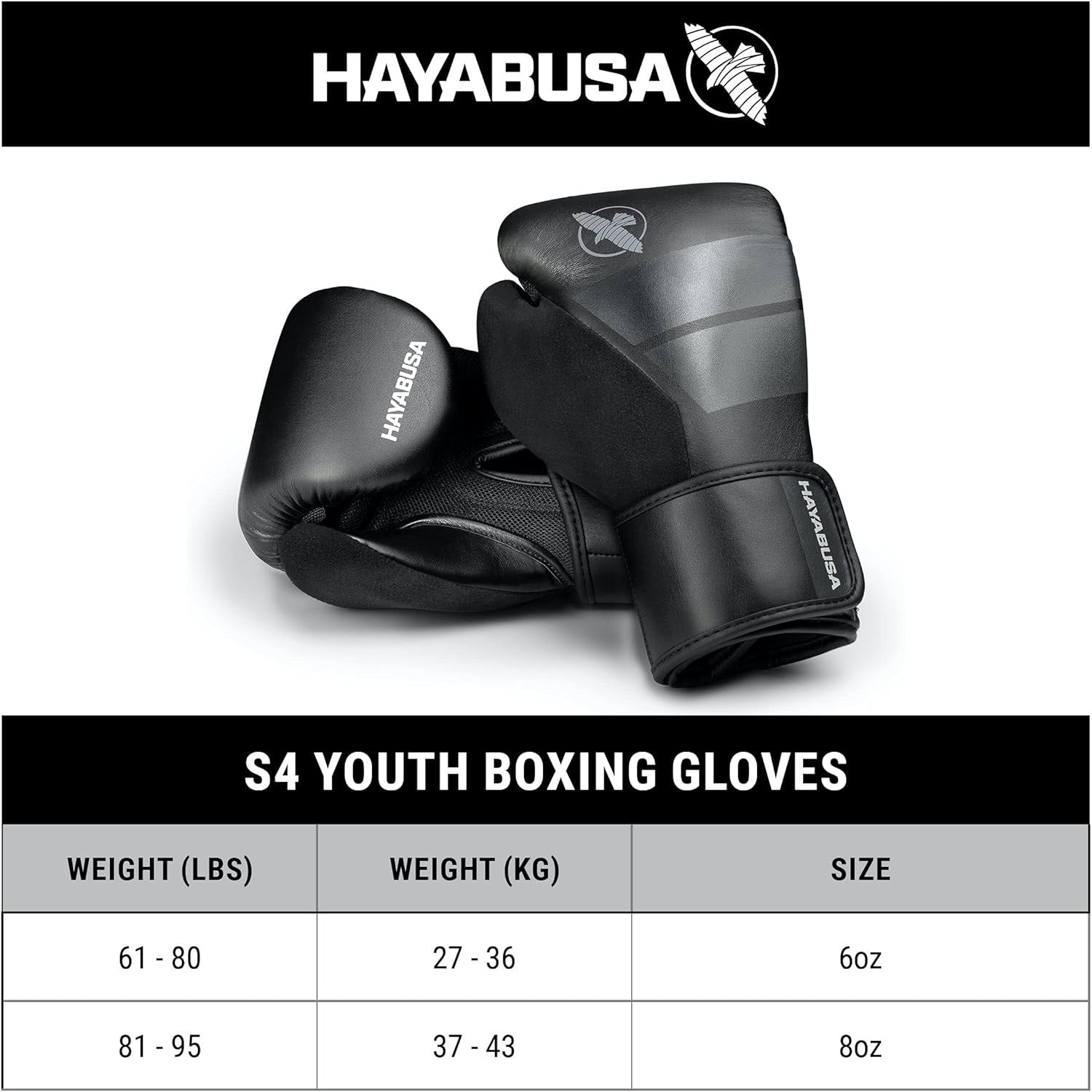 HAYABUSA S4 YOUTH BOXING GLOVES CHARCOAL SIZE CHART