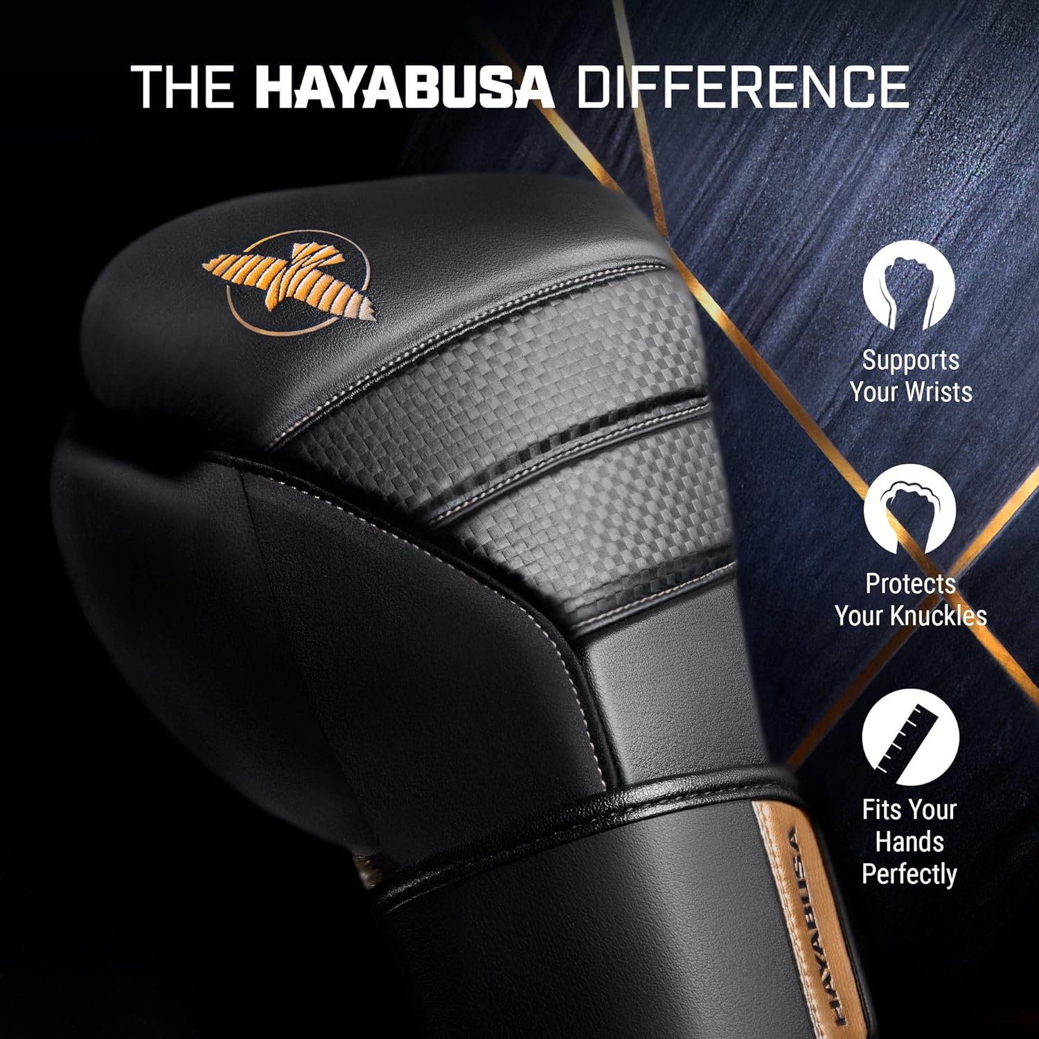 HAYABUSA T3 BOXING GLOVES BLACK GOLD LEFT SIDE