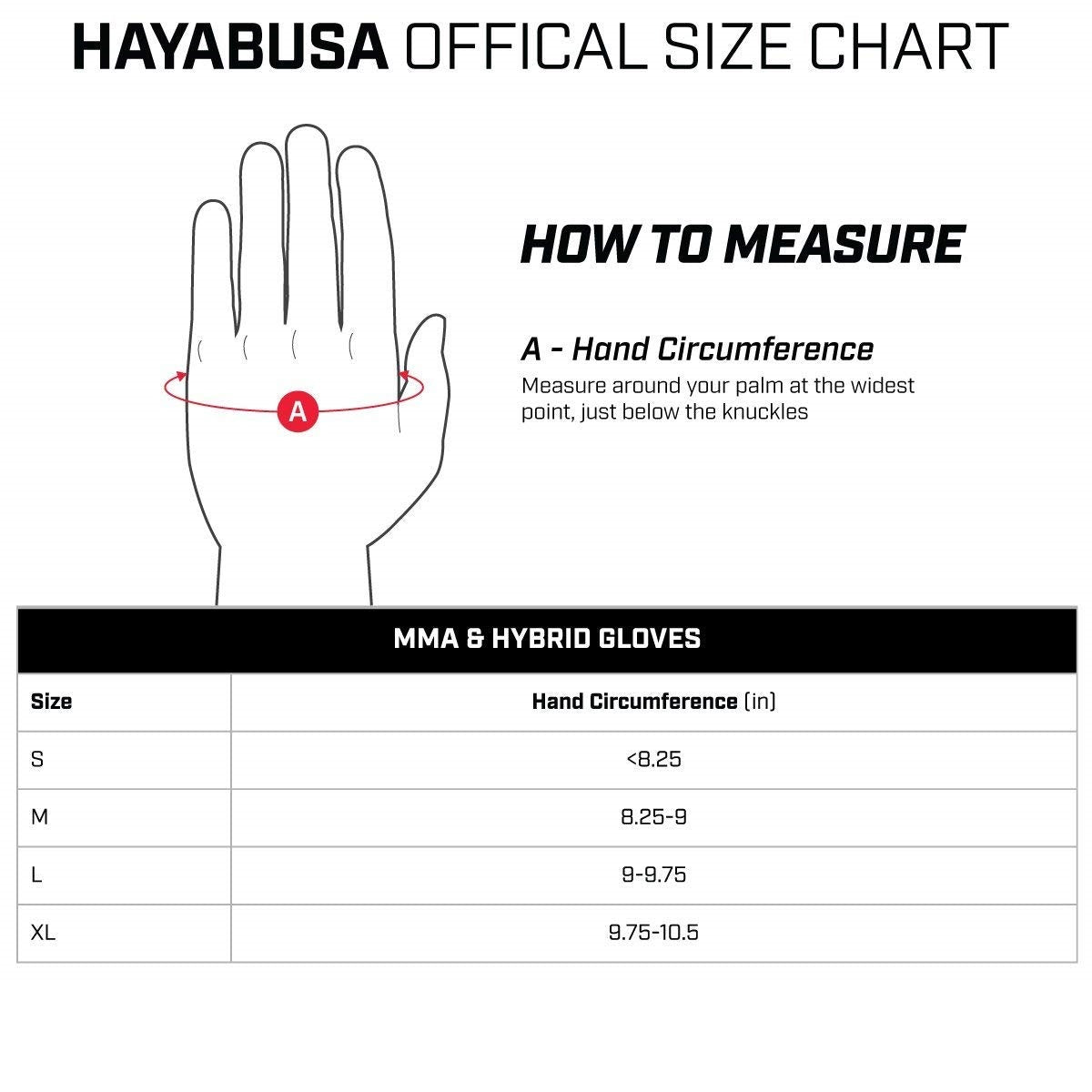 HAYABUSA T3 MMA 4OZ GLOVES BLACK SIZE CHART