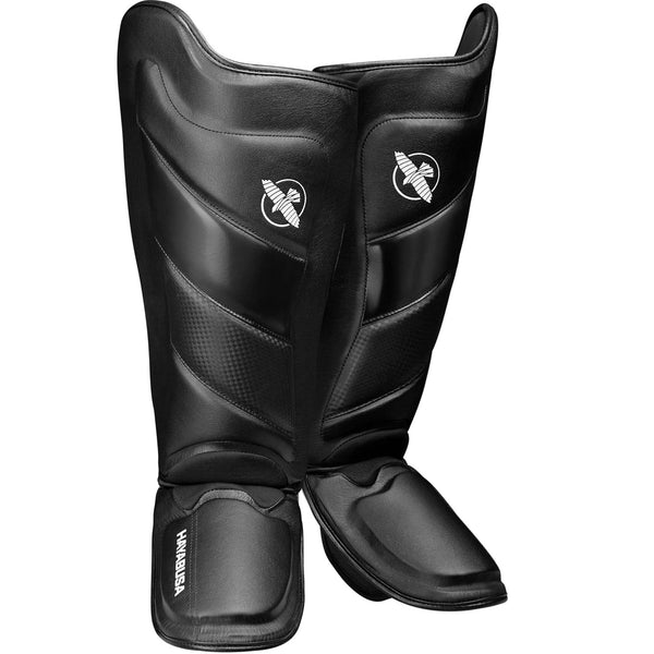 HAYABUSA T3 STRIKING SHIN GUARDS BLACK FRONT SIDE