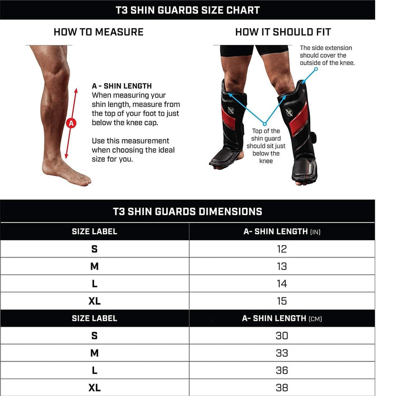 HAYABUSA T3 STRIKING SHIN GUARDS BLACK SIZE CHART