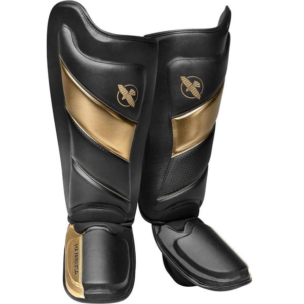 HAYABUSA T3 STRIKING SHIN GUARDS BLACK GOLD FRONT SIDE