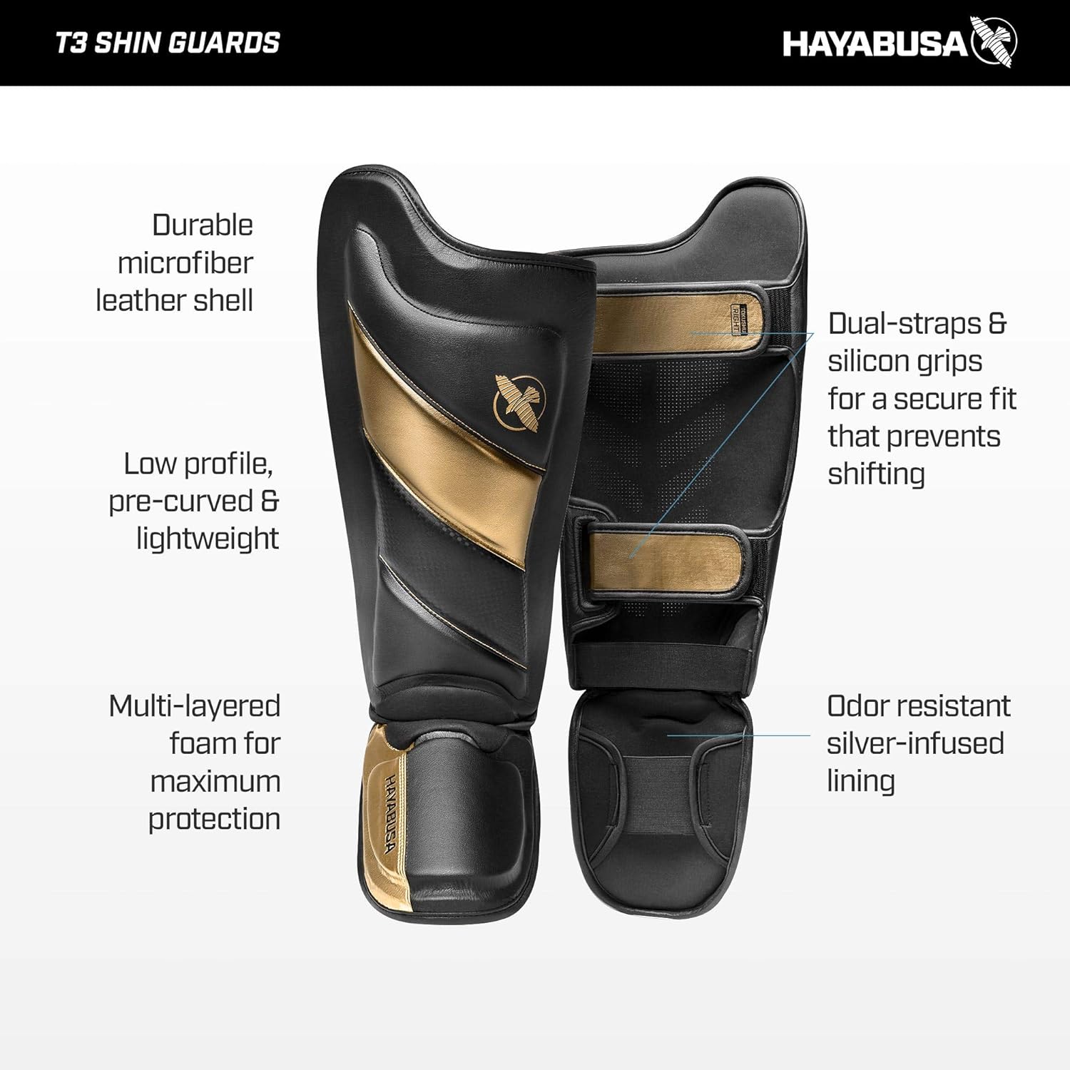 HAYABUSA T3 STRIKING SHIN GUARDS BLACK GOLD LEFT SIDE