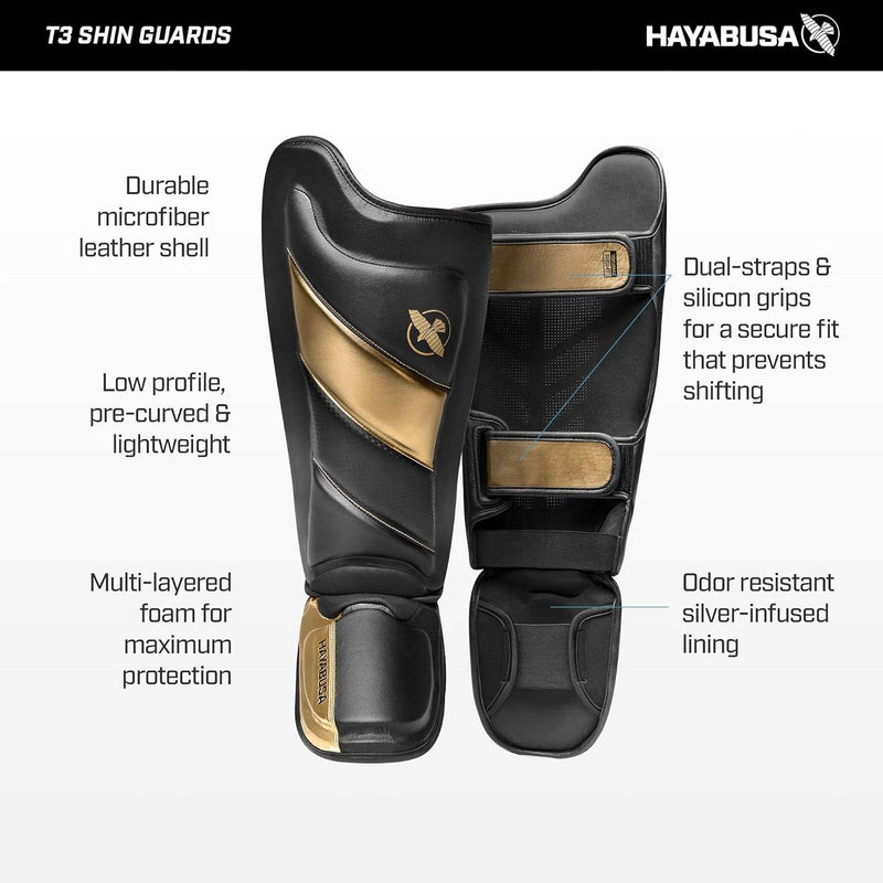 HAYABUSA T3 STRIKING SHIN GUARDS BLACK GOLD LEFT SIDE