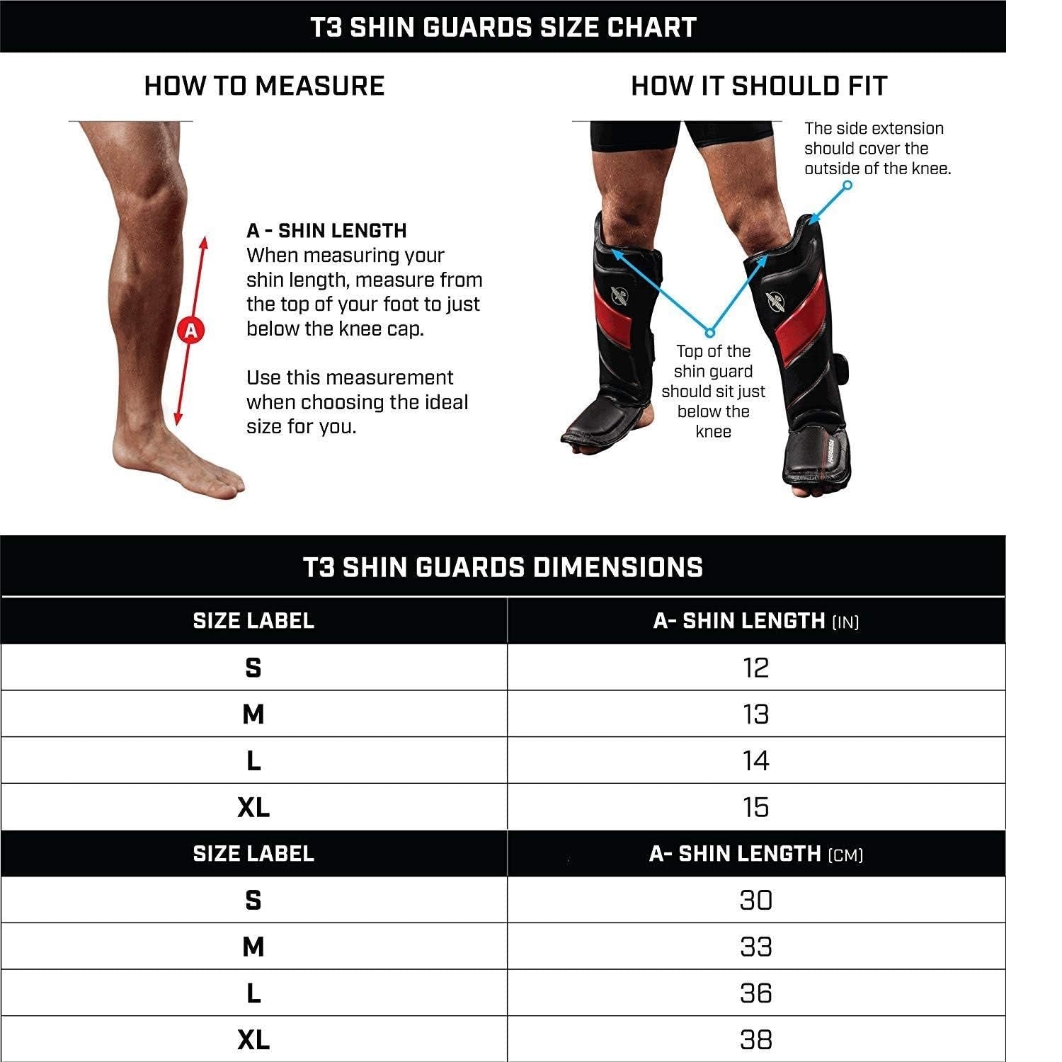 HAYABUSA T3 STRIKING SHIN GUARDS WHITE BLACK SIZE CHART