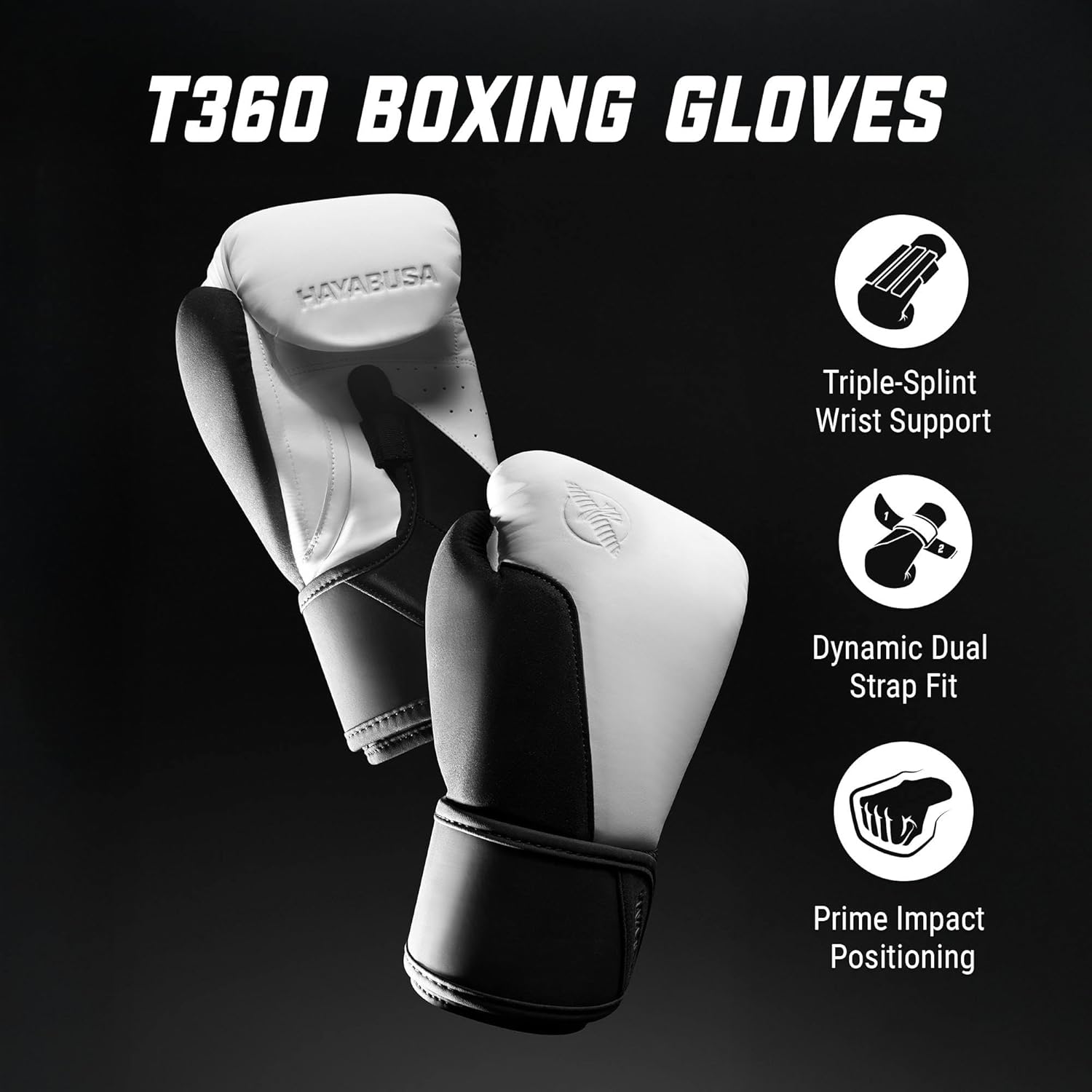 HAYABUSA T360 BOXING GLOVES WHITE/BLACK LEFT SIDE