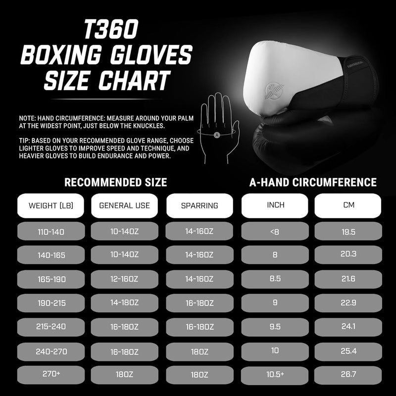HAYABUSA T360 BOXING GLOVES WHITE/BLACK SIZE CHART