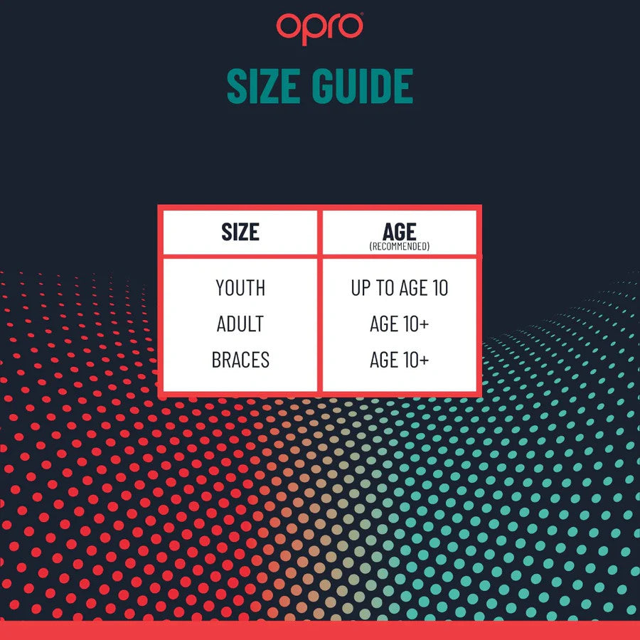 OPRO INSTANT CUSTOM FIT TEETH BLACK WHITE SILVER SIZE CHART