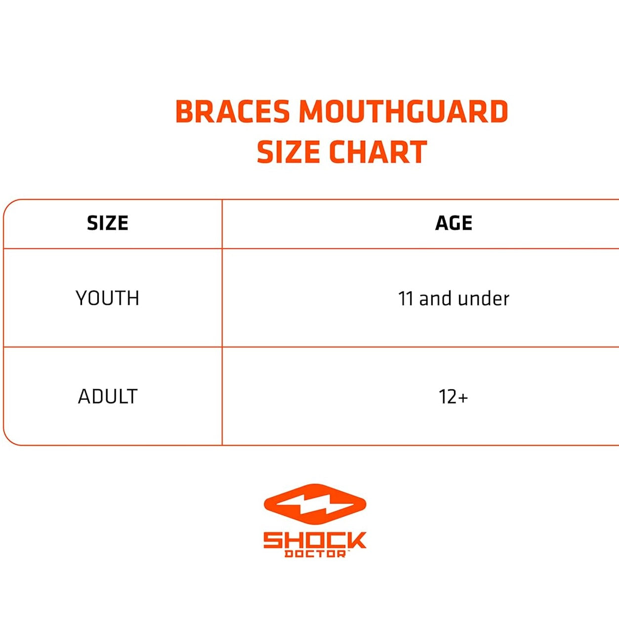 SHOCK DOCTOR BRACES STRAPLESS MOUTHGUARD TRANS BLACK/WHITE FANG ADULT SIZE CHART