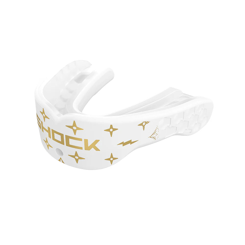 SHOCK DOCTOR GEL MAX POWER PRINT MOUTHGUARD LUX WHITE/GOLD ADULT LEFT SIDE