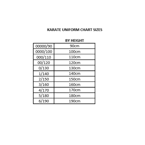 TATSU KARATE UNIFORM BLACK DRAGON SIZE CHART